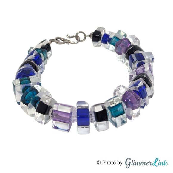 Jewelry - Murano Style Art Glass Bracelet Sterling Tested Clasp Blue Teal Purple 6.75"